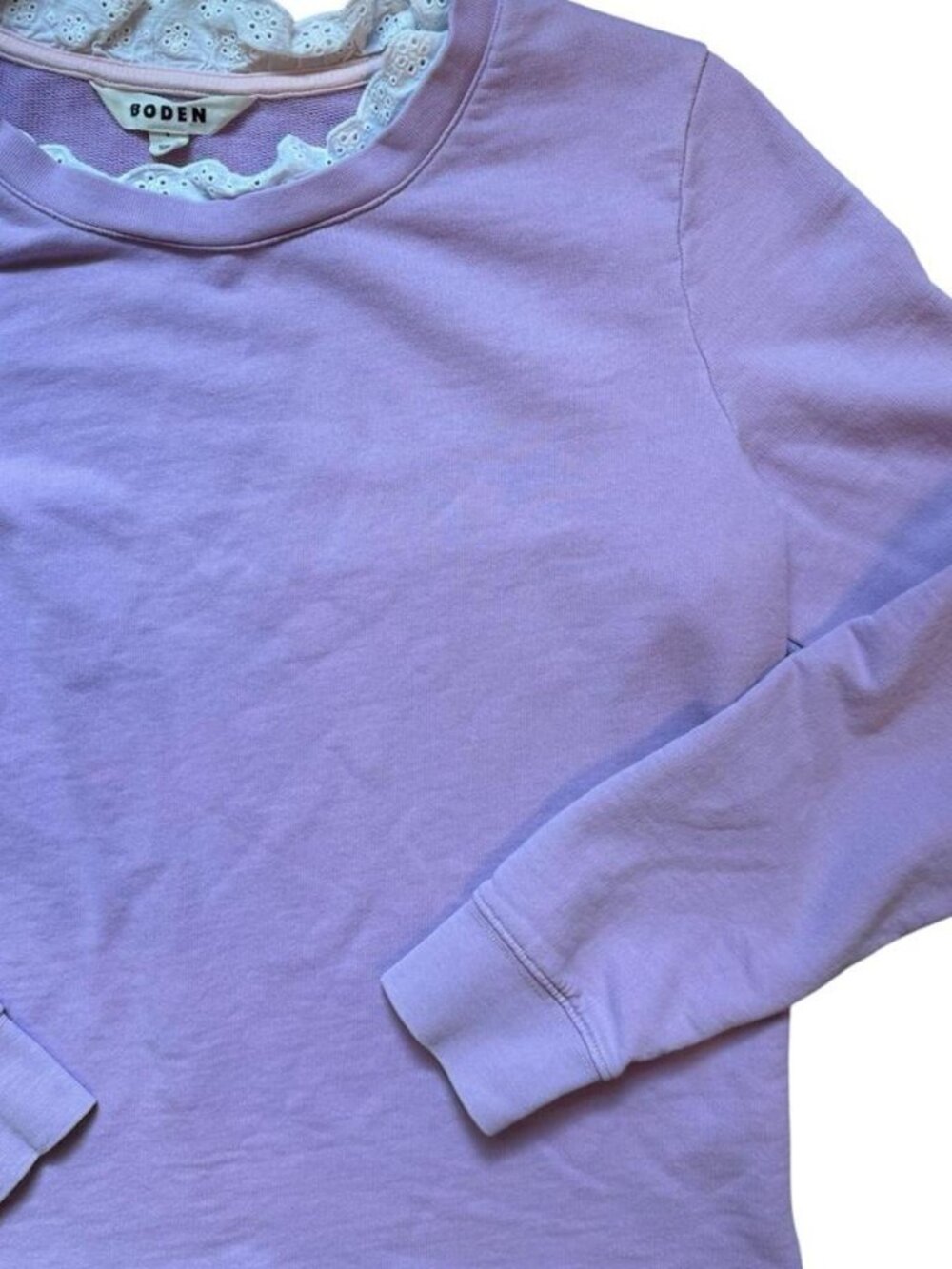 💜Boden Women’s Purple Lavender Lace Collar Minimalist Crewneck Sweatshirt | S
